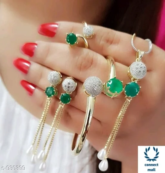 Beautiful Beads & Green Stone Work American dimond Pendent with Chain Jwellery - Free Size, Green Stone, Alloy, Multipack of1